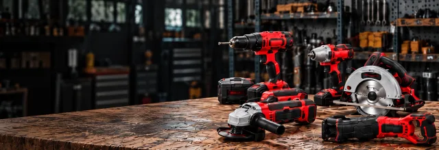 Red and black power tools arranged on a workshop bench