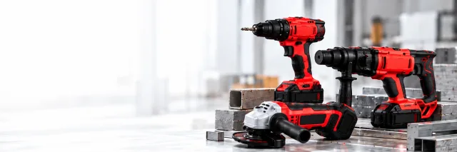 Red and black cordless drill, angle grinder and rotary hammer on a workshop bench